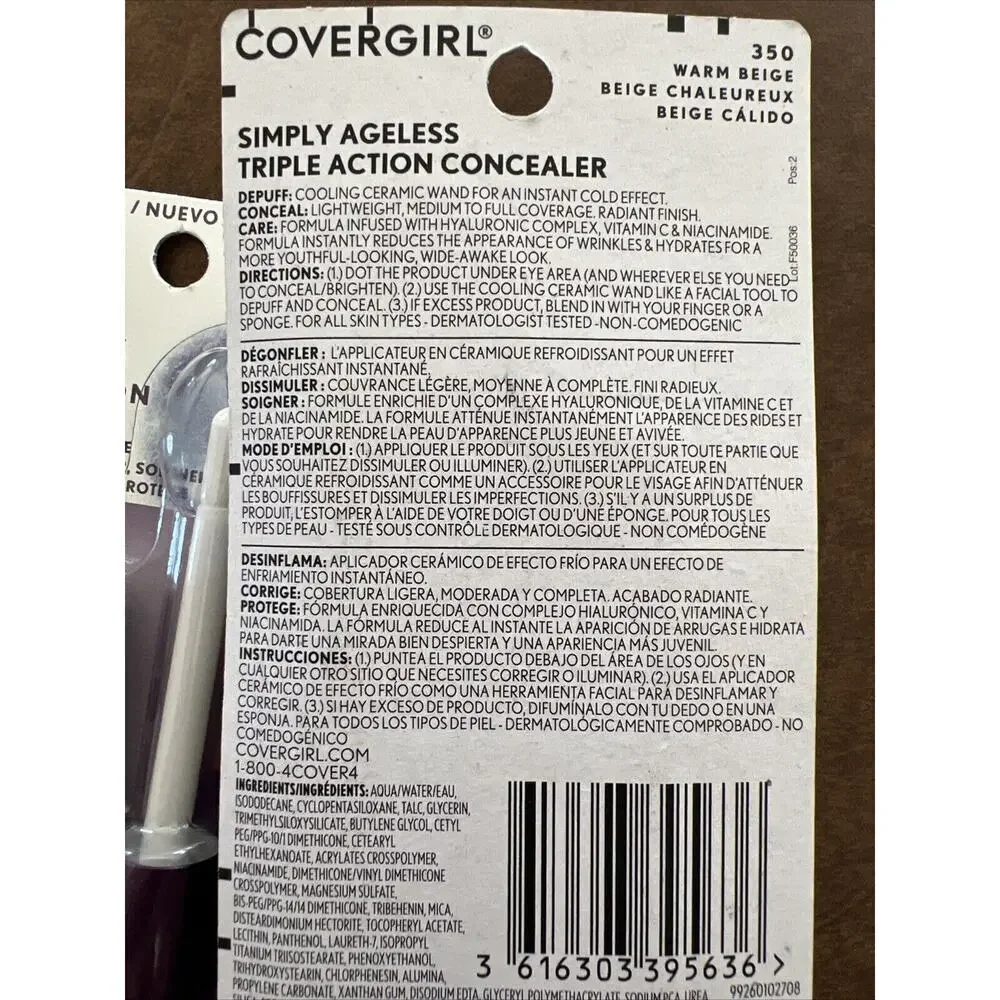 Lot (2) Covergirl Simply Ageless Triple Action Concealer‎ #350 Warm Beige